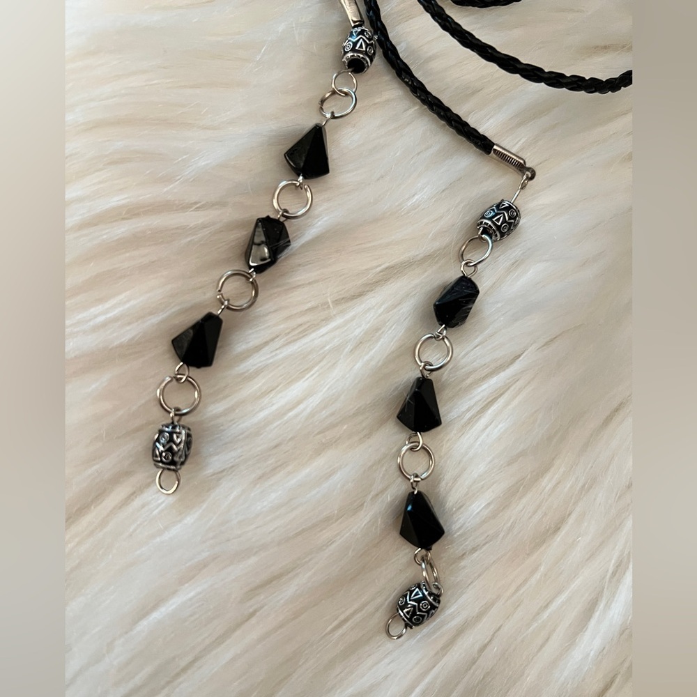 Elegant Black and Silver braided Lariat Necklace, approx. 52” long (leather)